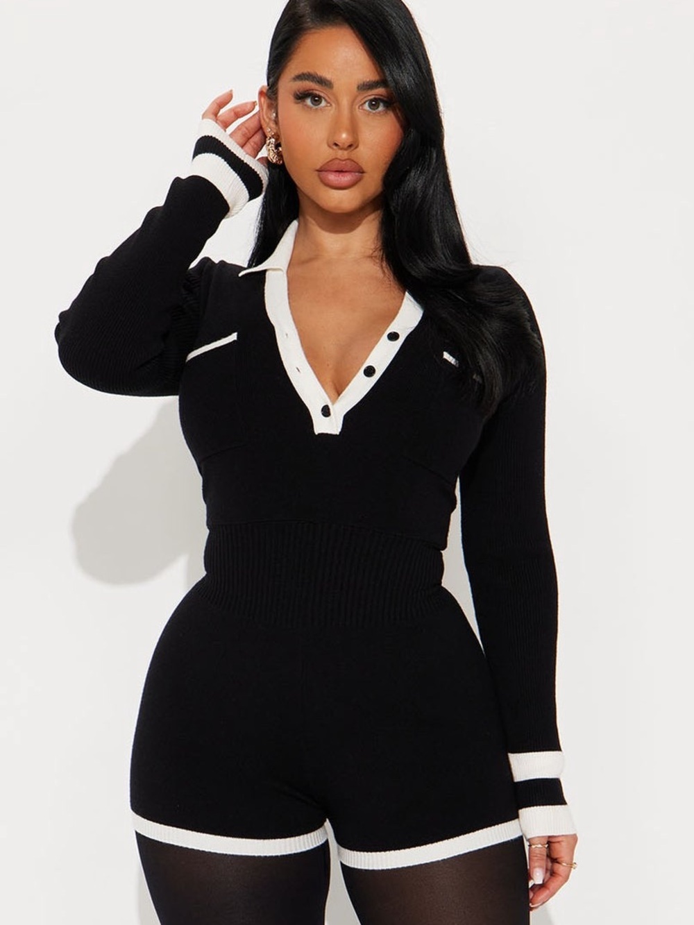 Fashion Nova Black and White Knit Long Sleeve Romper